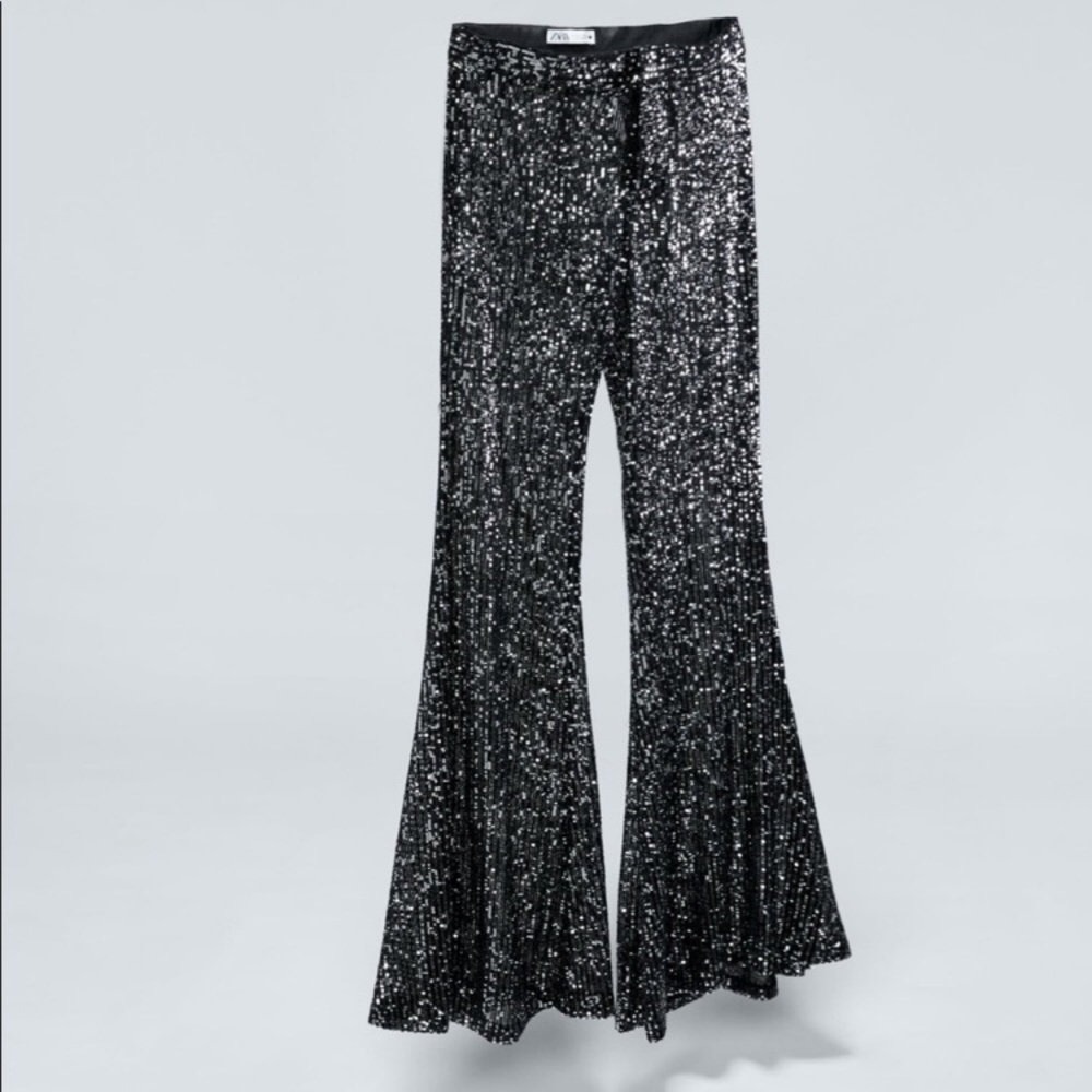 ZARA BLACK FLARED SEQUIN PANTS - Picture 5 of 5